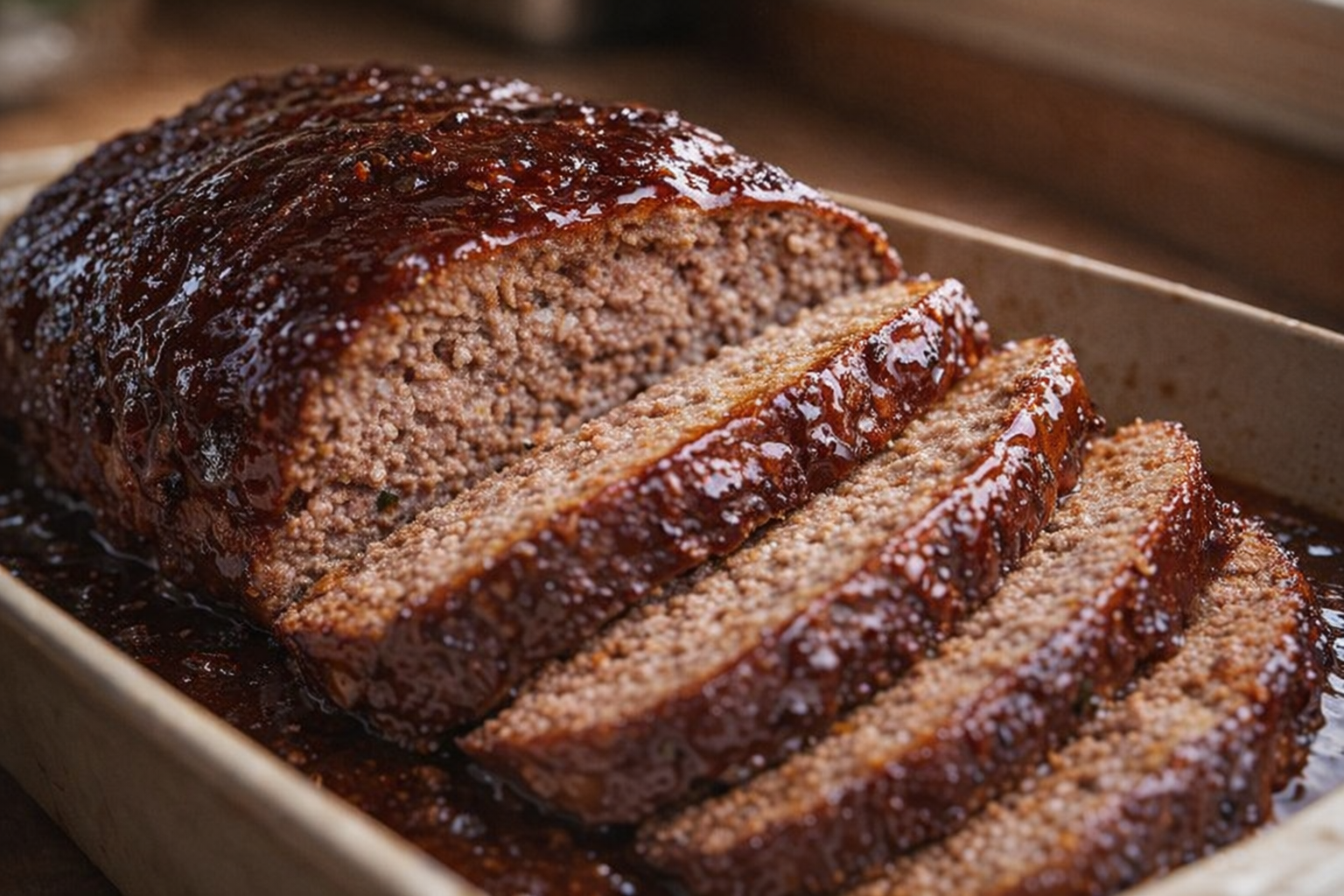 A perfectly glazed meatloaf, sliced to reveal a moist interior, glistening with a rich, mahogany-colored glaze, warm lighting, 45-degree angle